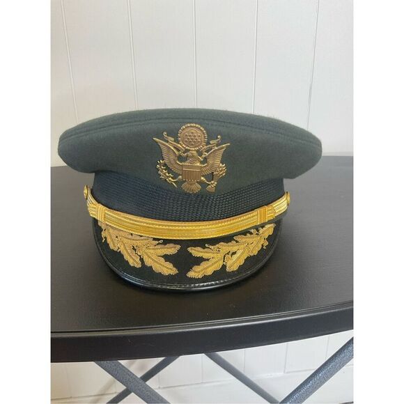 Vintage Military Army Officers Hat Cap Black Gold Quarter Master with Rain Cover